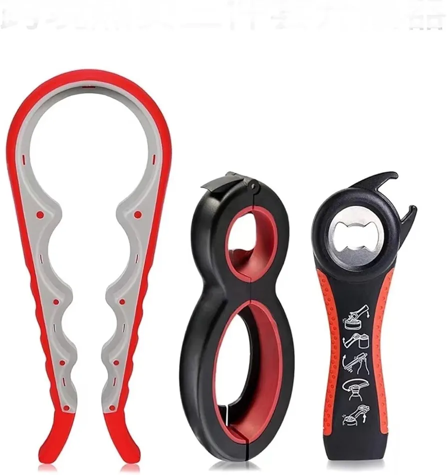 Jar Opener Kit, 5 in 1 Multi Function Can Opener, 4 in 1 Multi Function Bottle Opener Kit and 6 in 1 Multi Function kitchen tools for Arthritis Weak Hands, Small, Red