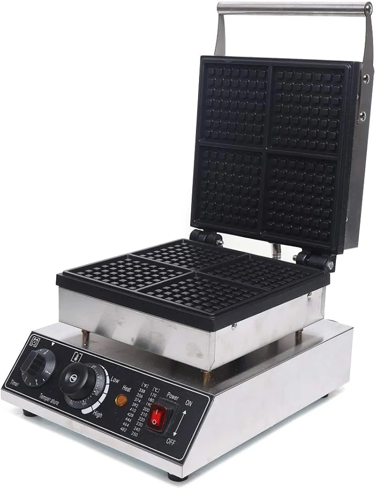 Commercial Electric Waffle Maker, Nonstick Mini Pancake Maker with Time & Temp Control, 10 * 10in Stainless Steel Waffle Iron, Baking Machine for Bakeries Estaurants Kiosks etc