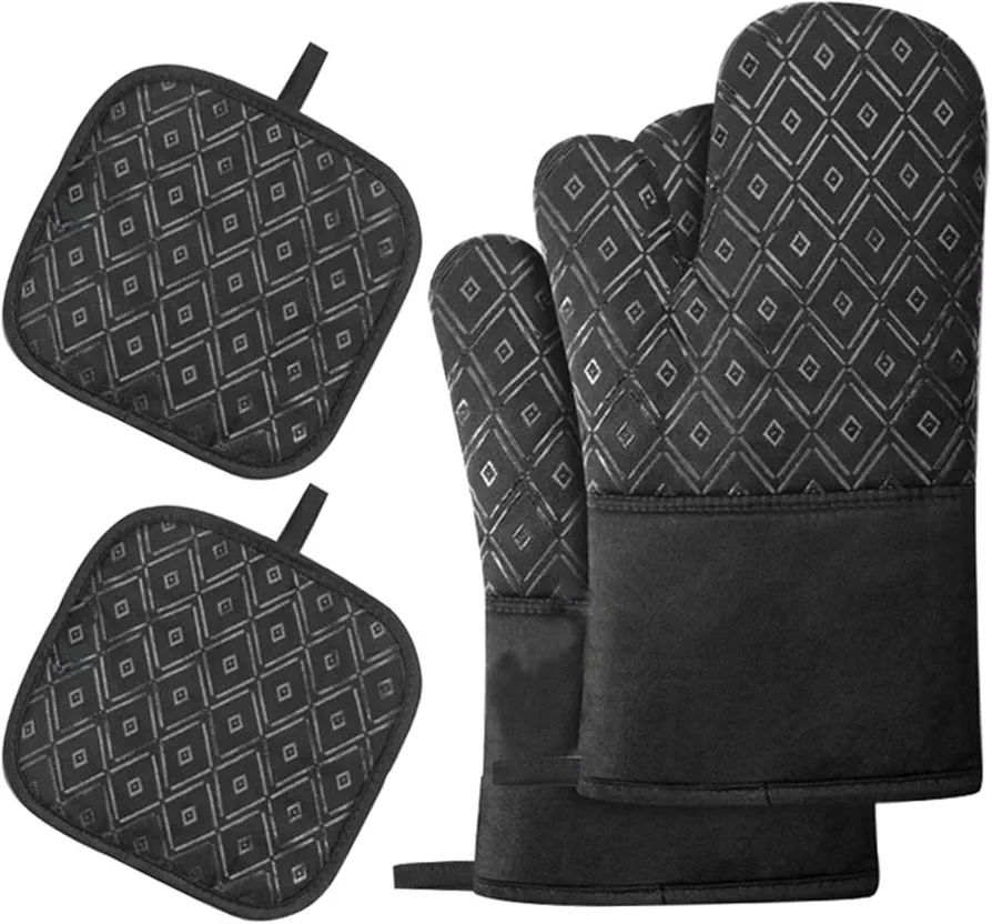 1 Pair Cotton Silicone Heat Insulation Gloves and 1 Pair Pot Holder Set, Dimension Diamond Oven Mitts for Cooking, Non-Slip Silicone Oven Mitts with Pot-Holder (Set of 4) (S)