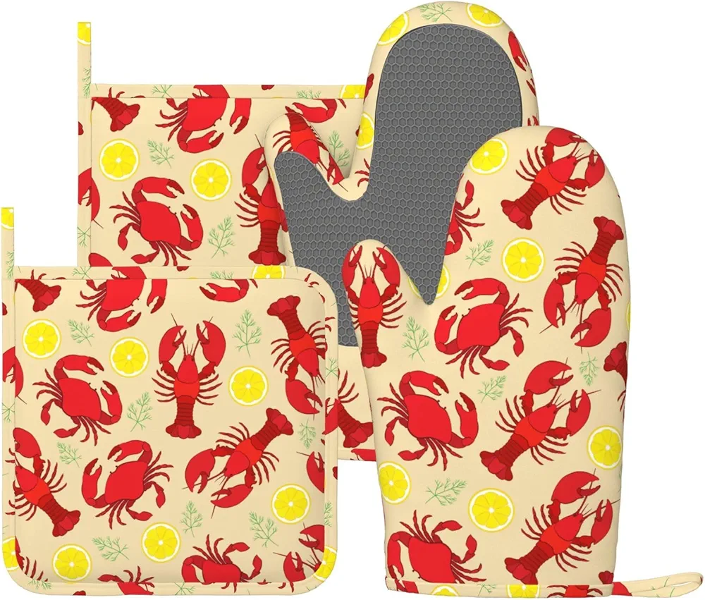 Fun Lobster Lemon Crab Oven Mitts and Pot Holders Sets, 4pcs Silicone Non-Slip Kitchen Mitts Potholders Heat Resistant BBQ Gloves Hot Pads for Cooking Grilling Baking Chef Gifts Decor
