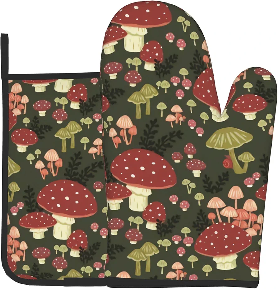 Oven Mitts and Pot Holders Set, Watercolor Mushroom Washable Heat Resistant Kitchen Non-Slip Grip Oven Gloves for Microwave BBQ Cooking Baking Grilling