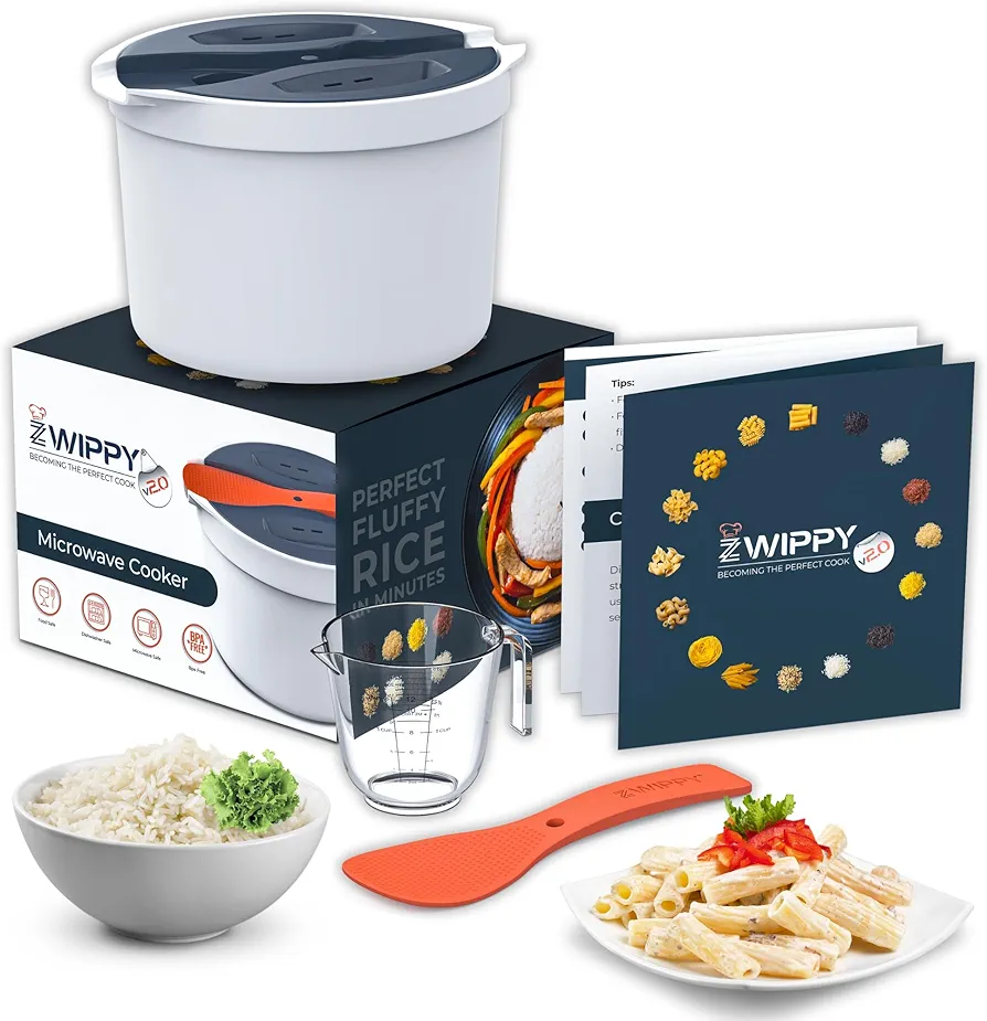 Microwave Rice Cooker Steamer and Pasta Cooker with Strainer - Mess-Free Design, Dishwasher Safe, Cooks Up to 8 Cups