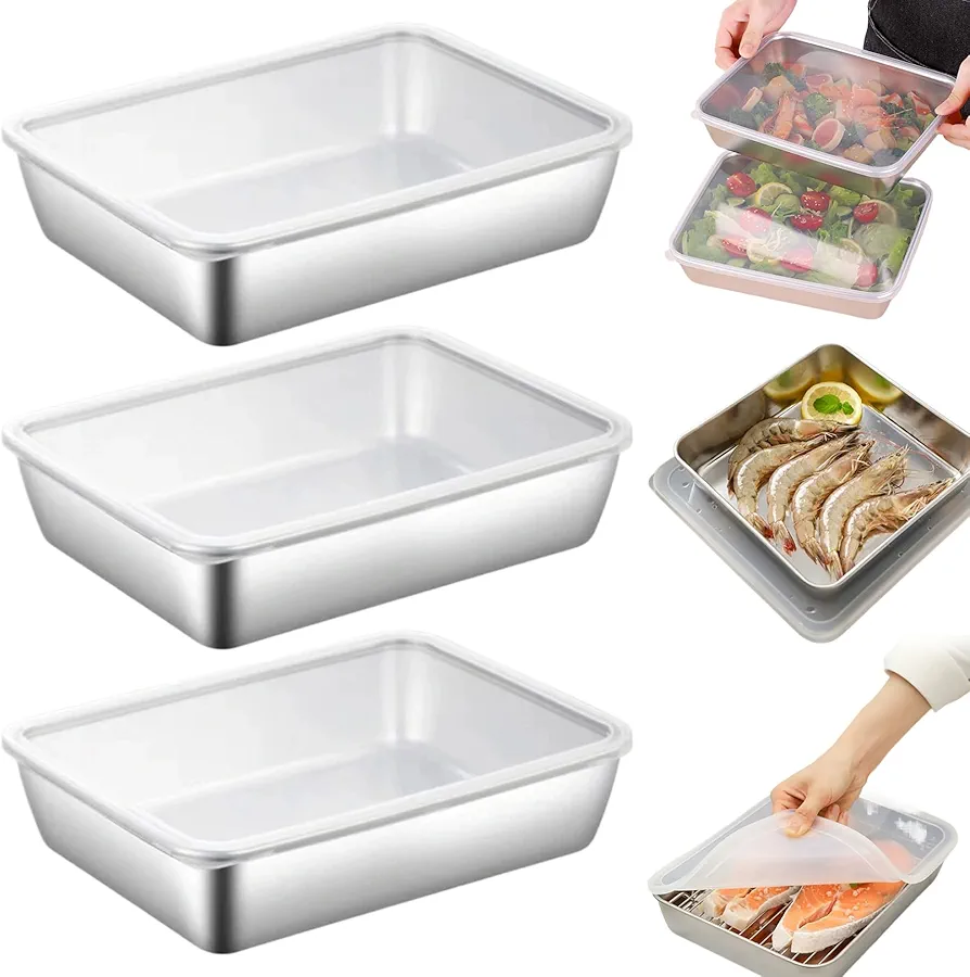 Baking Tray, Baking Sheet with PP Lid, 3Pcs 10x8x2in Stainless Steel Tray with Rolled Edge, Stackable Polished Food Storage Containers for Fridge, Sheet Pans for Baking