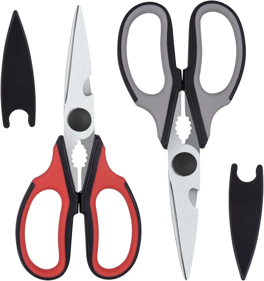 Left Handed Scissors Kitchen Shears, Kitchen Scissors All Purpose Heavy Duty Meat Scissors Poultry Shears,Safe Food Cooking Scissors Stainless Steel Utility Scissors, 2-Pack (Black/Red, Black/Gray)