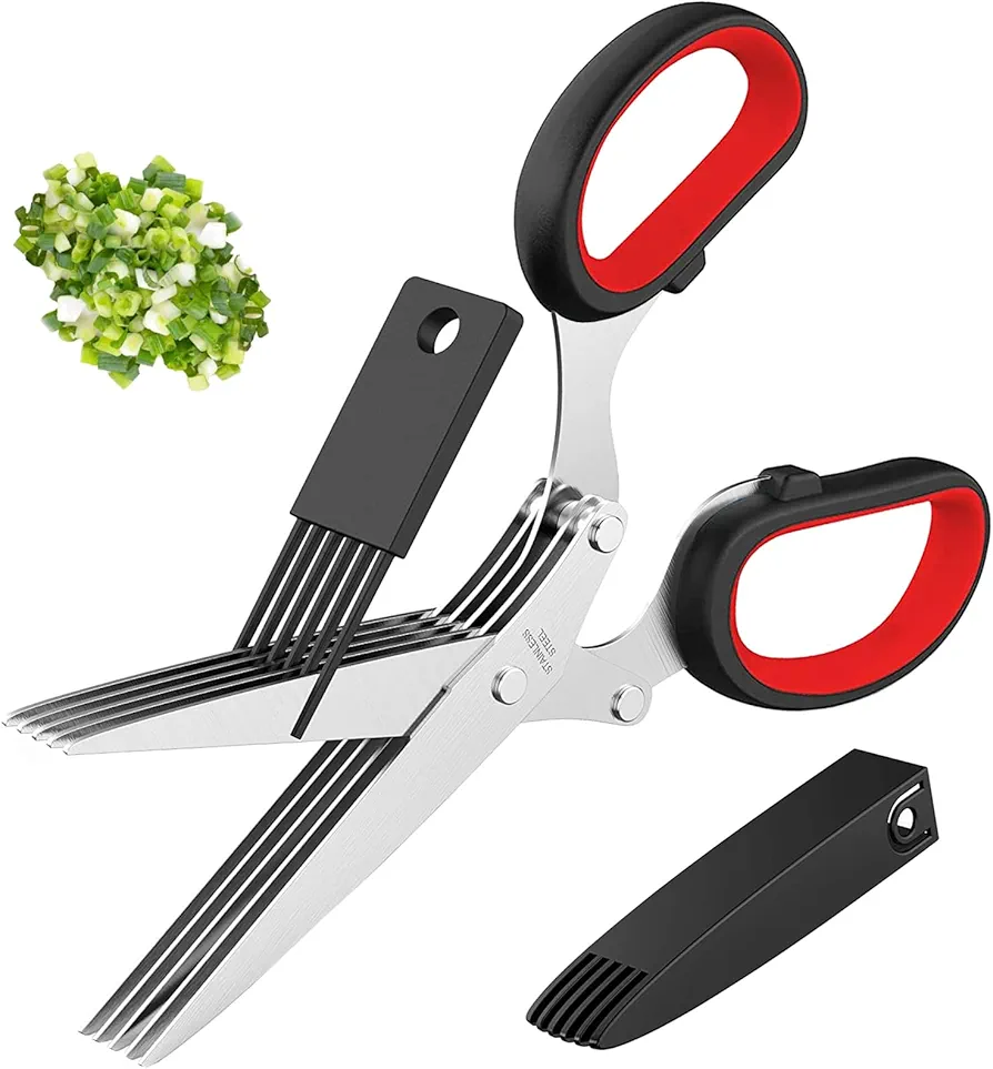 Herb Scissors with 5 Blades and Cover, SooBuyGoo Kitchen Shears for Cutting Herbs, Kitchen Cutter Chopper, Food Cutter Scissors for Cilantro and Green Onion, Kitchen Herb Shears Cutter (Black)