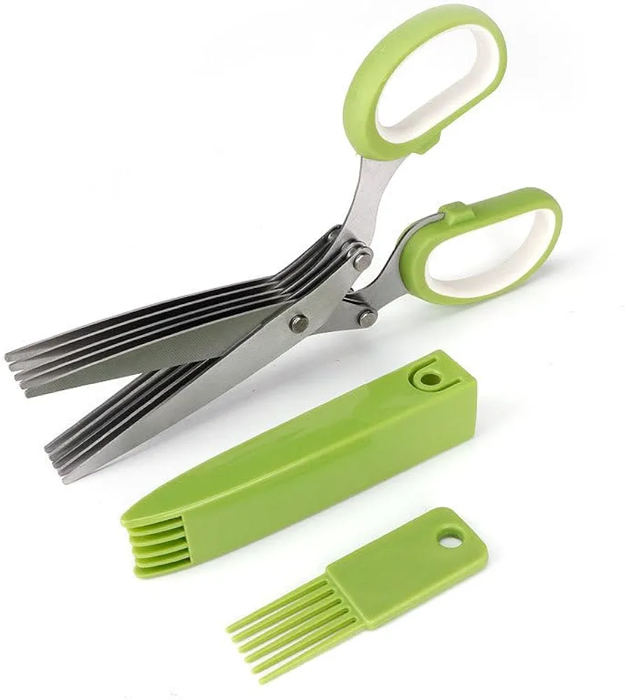 Stainless Steel Herb Cutting Scissors, 5x Blades Multipurpose Cutting Herbs, Dishwasher Safe, Kitchen Scissors for Cutting Vegetables, Green White