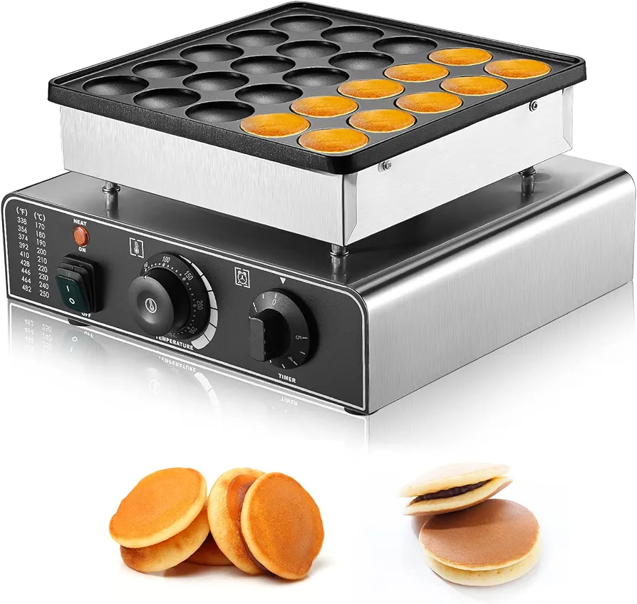 Mini Dutch Pancakes Maker Machine, 25Pcs 850W Commercial Electric Waffle Machine Non-stick Dorayaki Maker 1.77" Diameter Mini Pancakes Maker with 50-300℃ Temperature Timer Separate Control