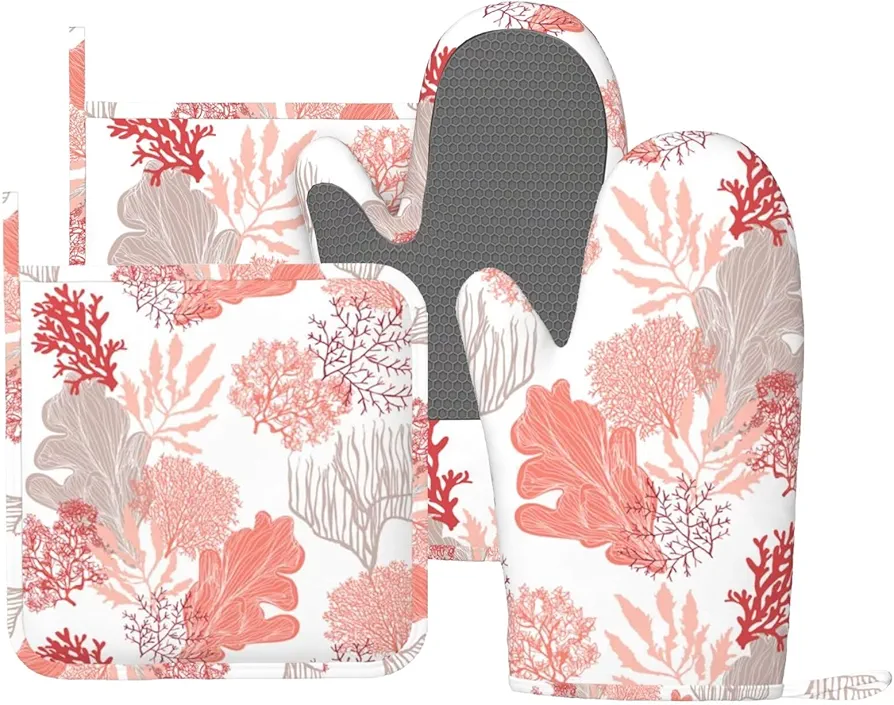 Coastal Coral Oven Mitts and Pot Holders 4 pcs Set Silicone Ocean Sea Coral Reef Kitchen Oven Mitt Gloves Maritime Nautical Seaweed Pot Holders Heat Resistant Cooking Mitts Set for BBQ