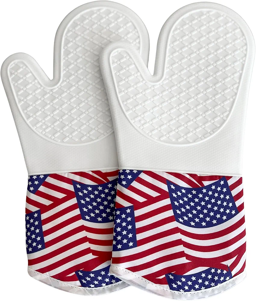 Silicone Heat Resistant Insulated Oven Mitts, Set of 2, USA American Flag Pattern