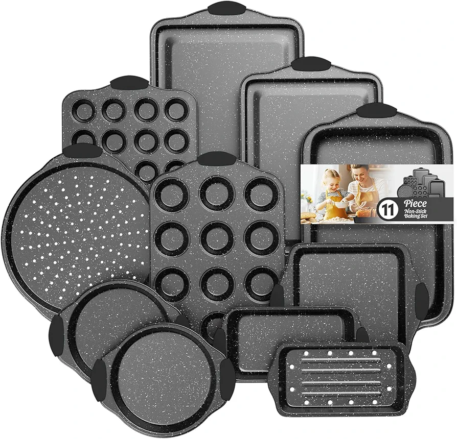 11-Piece Nonstick Baking Pans Set, Stackable Bakeware Sets, Oven Pans for Baking with Silicone Handles, Includes Cookie Sheet, Cake Pans, Loaf Pan, Pizza Pan, Muffin Pan, Black…