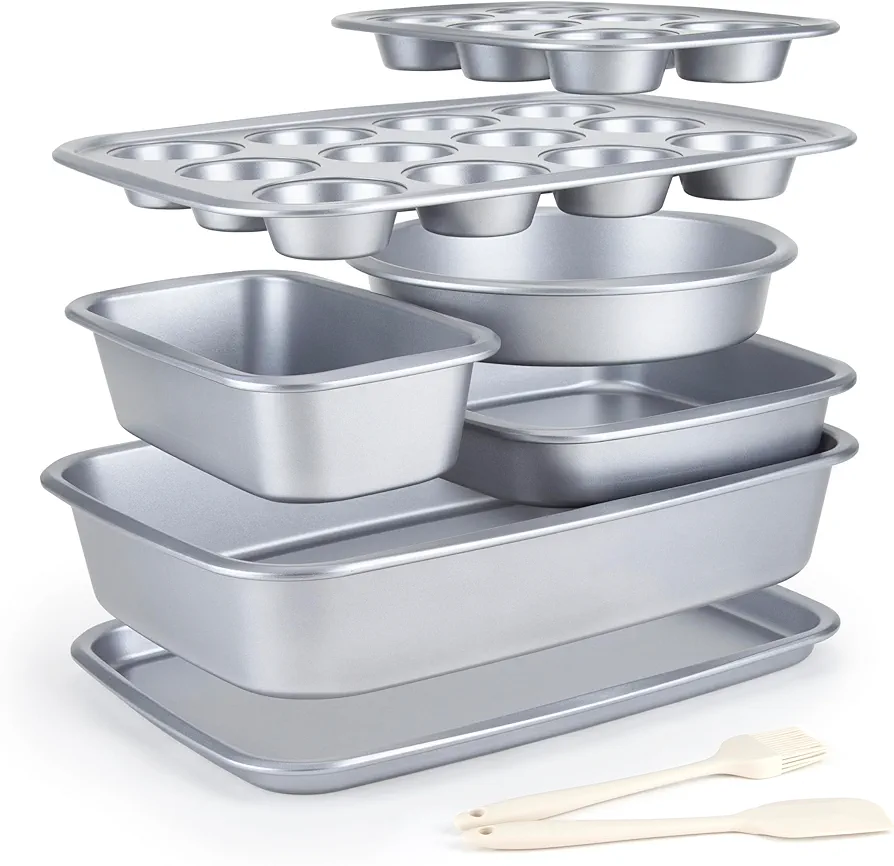 CARTMAN Bakeware Set 9-pieces Grey with Round/Square Cake Pan, Loaf Pan,6/12 Cup Muffin Pan, Cookie Sheet, Brush and Spatula, Carbon Steel Bake Set, Nonstick Stainless Steel Baking Pans Set