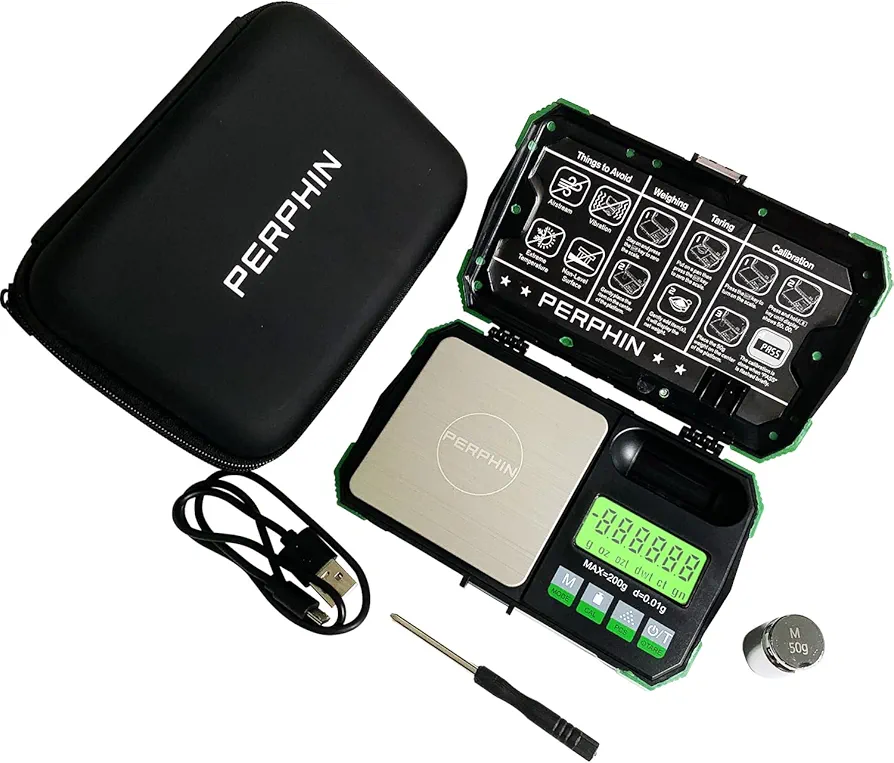 Pocket Scale, Dual Powered, Precision Gram Scale with Zipper Case, Large Backlight Display, 200g x 0.01g, Digital Small Scale, Calibration Weight, 6 Weighing Units, USB Cable Included