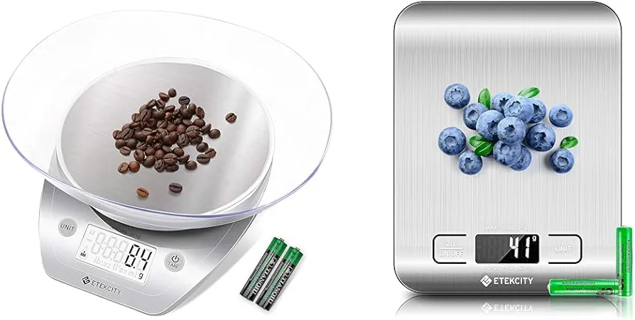 Etekcity Food Scale, 11lb/0.1g, Digital Kitchen Scale with Detachable Bowl Weight Grams and Ounces for Coffee, Baking, Cooking (Batteries Included) | Etekcity Food Scale, Digital Kitchen Scale, 304 Stainless Steel, Weight in Grams and Ounces for Baking, Cooking, and Meal Prep, LCD Display, Medium