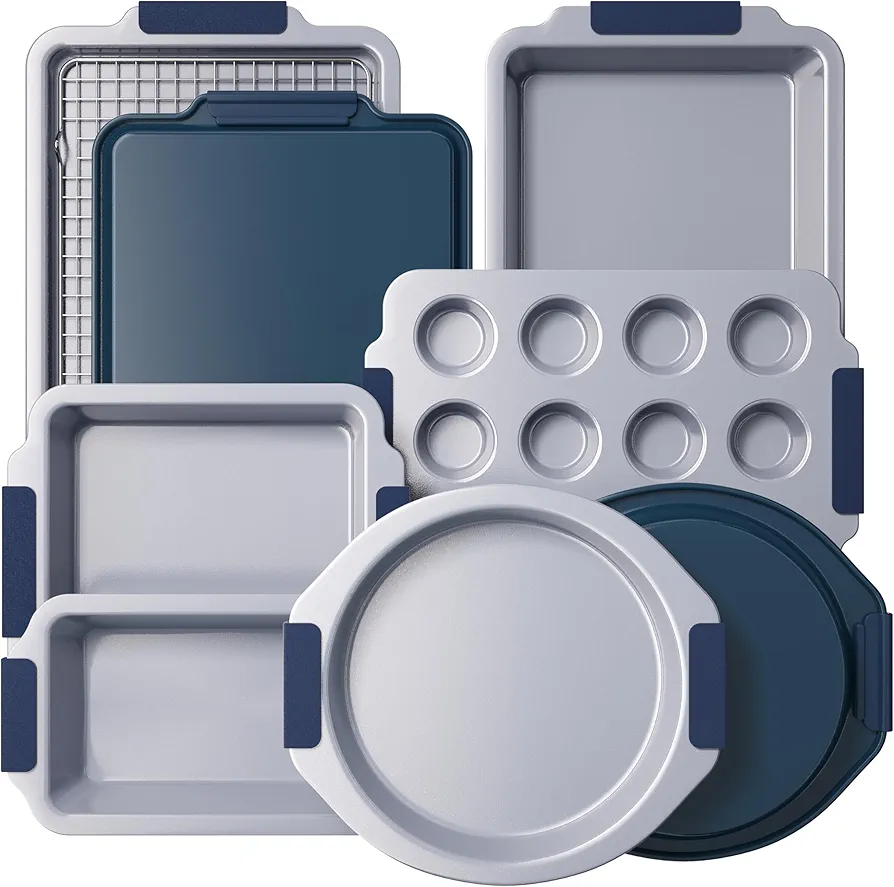 Nonstick Ceramic Bakeware Set (9 Pieces),Heavy Duty Aluminized Steel Bakeware-Baking Pan Sets with Silicone Handles,Includes Sheet Pans,Loaf Pan,Muffin pan,Cake pans,PTFE & PFOA Free - Blue