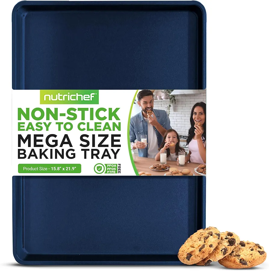 NutriChefKitchen Nonstick Cookie Sheet Baking Pan - 1qt Metal Oven Baking Tray, Professional Non-Stick Bake Trays, Stylish Blue Diamond Silicone Coating, PFOA PFOS PTFE Free - NCLG1BD.5