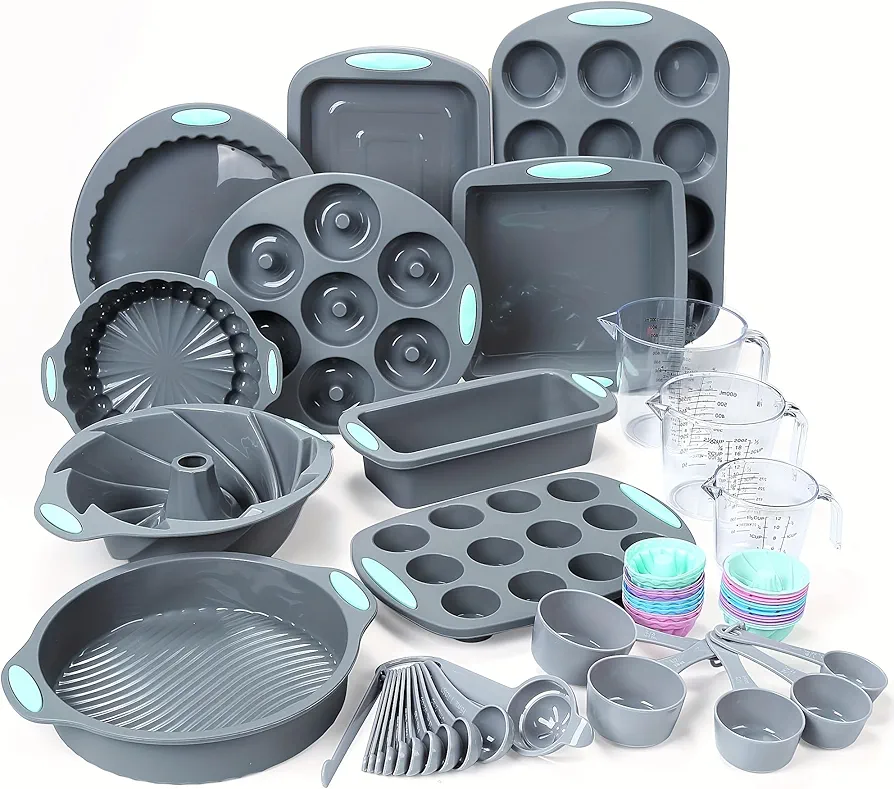 45-Piece Nonstick Silicone Baking Set - Oven-Safe, Flexible & Easy-Release Bakeware - Includes Cookie Sheets, Muffin Molds, Cake Pans, Measuring Cups, Perfect for Home Bakers & Delicious Bakes!