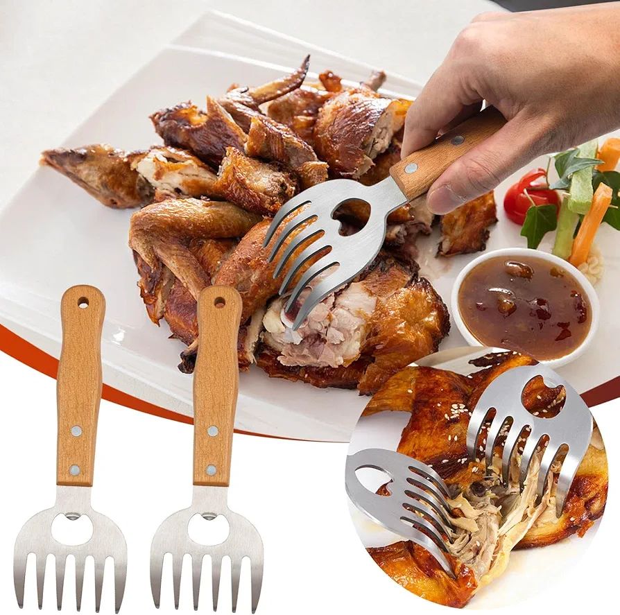 2PCS Stainless Steel Bear Claw Meat Tearer, Portable Long Wooden Handle Cooked Food Fixed Hand-Shredded Chicken Meat Divider Pulled Pork with Long Wood Handle for Home and Kitchen
