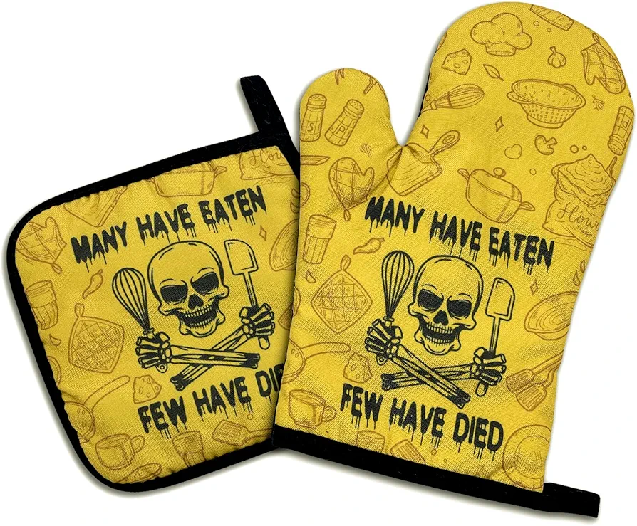 Many Have Eaten Few Have Died,Funny Oven Mitts and Pot Holders Sets of 2,Silicone Non-Slip Oven Mitts,Kitchen Gift for Men Women,Cooking Baking BBQ Gifts,Housewarming Gifts