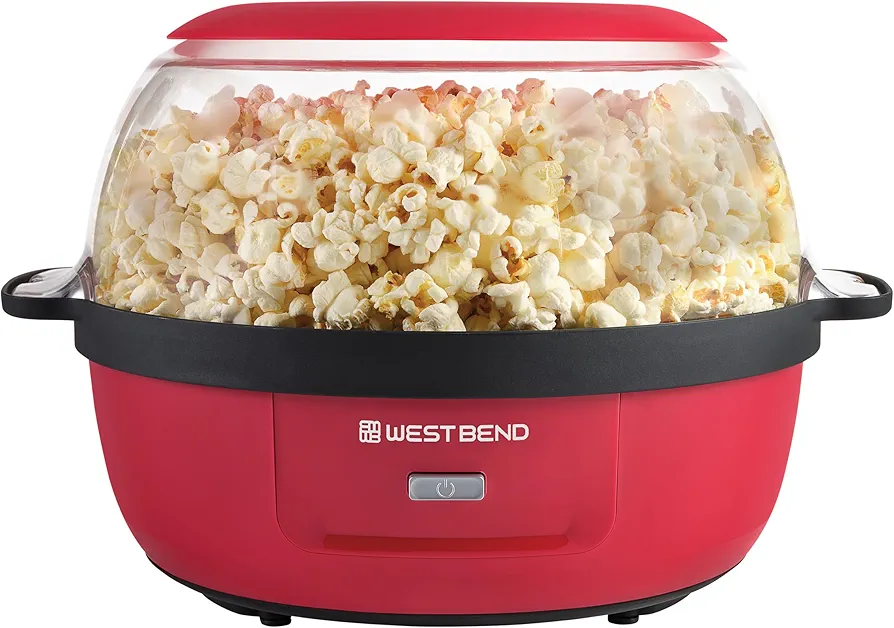 West Bend Stir Crazy Hot Oil Popcorn Popper, Popcorn Maker Machine with Large Serving Bowl Lid and Stirring Rod, 6 Qt, Red