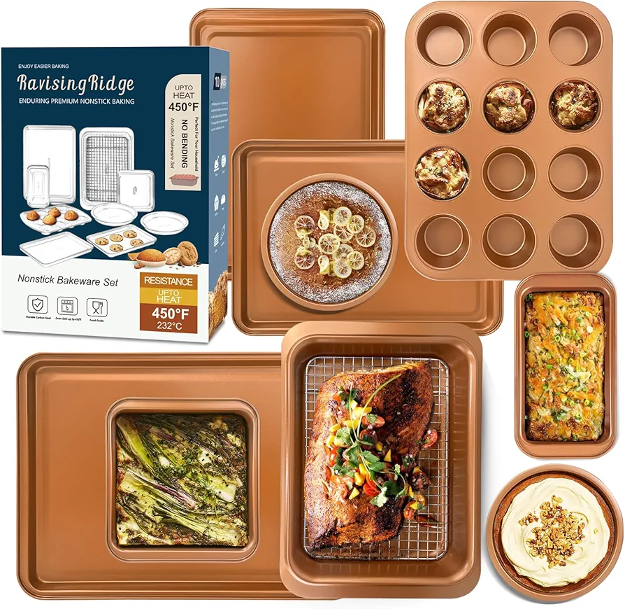 Baking Pans Set with Nonstick Coating, Professional 10 Pcs Including Cake Pans, Cookie Sheets, Roasting Pan, and Cooling Rack - 0.8mm Thick, Heavy Duty, Dishwasher Safe