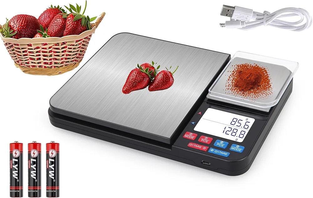 11lb & 17.6oz Rechargeable Dual Platform Digital Kitchen Scale and Food Scale with Measuring Spoons, Precision Capacity (0.1g/0.01g),Stainless Steel, 7 Units, for Baking Cooking Food Weighing