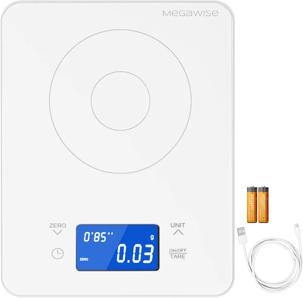 MEGAWISE High Precision Coffee Scale with Timer, Dual Power Supply, Waterproof Tempered Glass, 5 Weighing Modes, Professional Coffee Brewing Timer