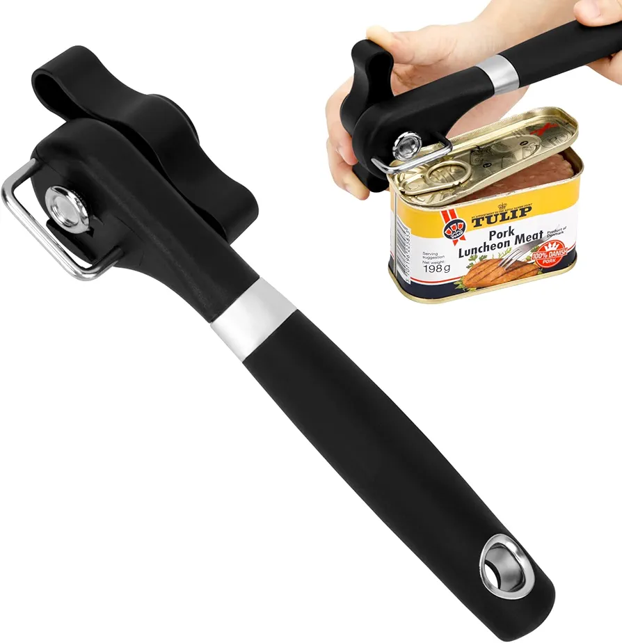 Manual Can Opener Smooth Edge, Safety Hand Can Opener Side Cut, Black Portable Travel Camping Can Opener, Stainless Steel Hidden Blade and Long Rubber Handle, Non Rust