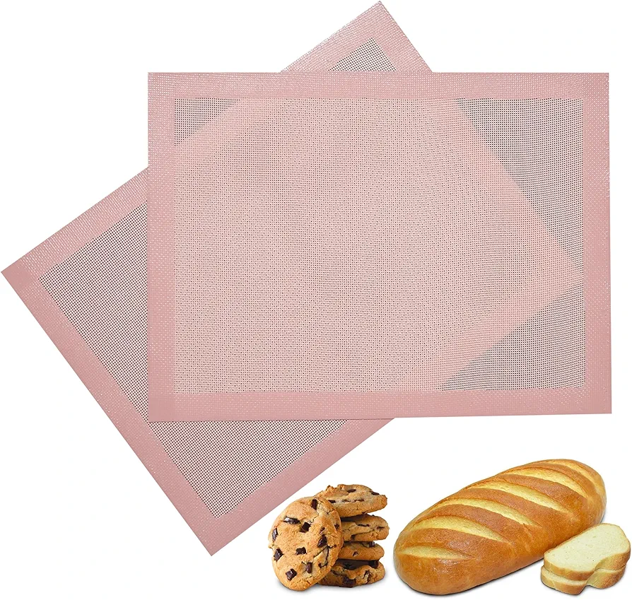 2 pcs of perforated silicone baking mats,biscuit baking mats,oven and dishwasher safe, reusable,used for pastry/biscuit/bread/pizza non-stick oven liners, measuring 11 5/8" x 16 1/2",Sakura Pink