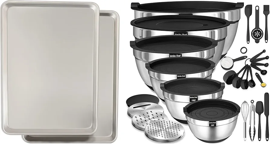 Commercial Quality Baking Sheet Pan Set, Natural Aluminum Cookie Sheet, Mixing Bowls with Airtight Lids Set,