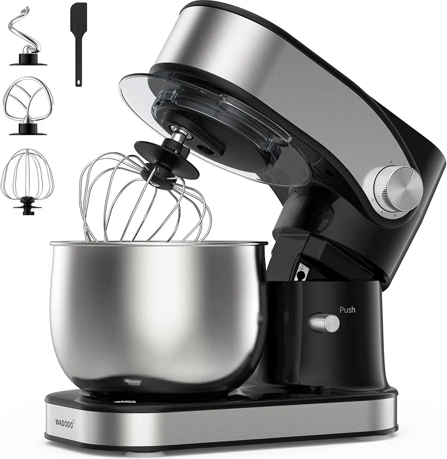 WADODO Stand Mixer, 3.2Qt Small Kitchen Mixer,6 Speeds Electric Food Mixer,Lightweight 304 Stainless Steel Kitchen Mixer with Bowl, Egg Whisk, Dough Hook, Flat Beater & Splash Guard - for Daily Use