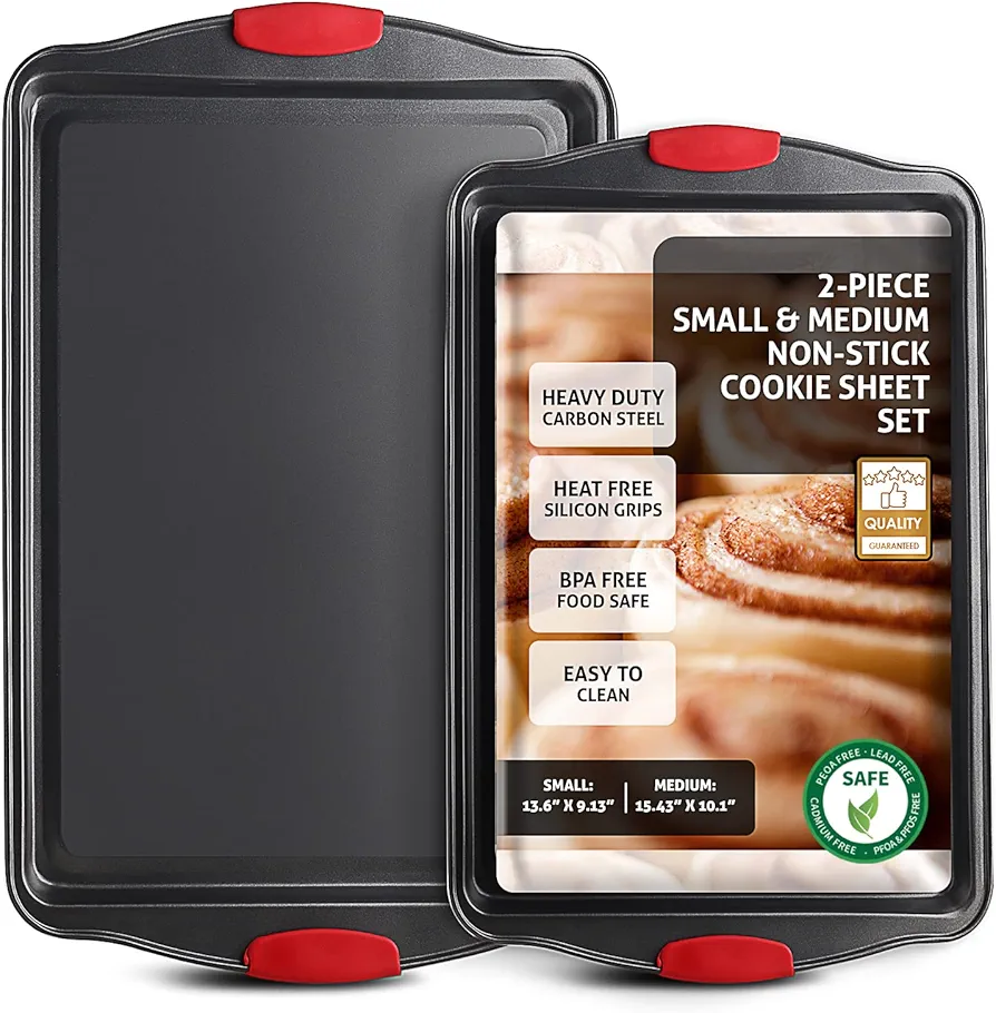 Baking Sheet Set, 2-Piece Cookie Sheet Set with Silicone Handles, Steel Baking Pan, Durable Baking Sheets for Oven, BPA Free Cookie Sheets for Baking Nonstick Set, Premium Sheet Pan, Black Baking Tray