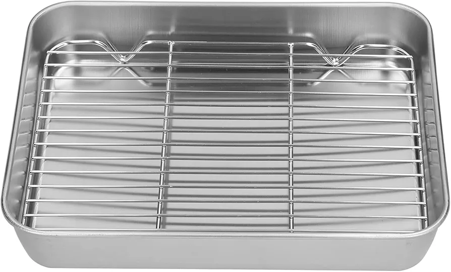 Stainless Steel Baking Sheet With Rack, Pan Rectangular Oven Tray Deepened Kitchen Bakeware Rack Roaster Refrigerated Crisper Chassis Grid Roasting Pans Cookie Nonstick Cake Pastry (10.43*8.07*1.96IN)
