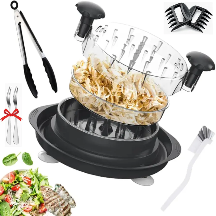 Chicken Shredder Tool Twist with Tray, Pair of Meat Claws, Cleaning Brush, Anti Slip Mat & Food Tong, Anti-Slip Dishwasher Safe Meat Shredder with Transparent Lid - BPA Free Heat Resistant (Black)