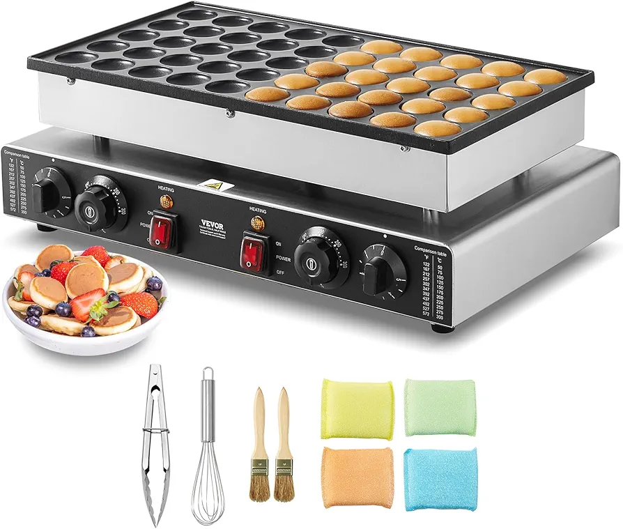 VEVOR Mini Dutch Pancake Maker, 50PCS 43mm Diameter Dorayaki Baker Machine, 1700W Commercial Electric Poffertjes Grill, Non-stick Stainless Steel, Dual Temp & Time Control, for Home Kitchen Restaurant
