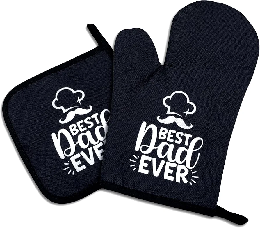 Best Dad Ever,Funny Oven Mitts and Pot Holders Sets of 2,Silicone Non-Slip Oven Mitts,Kitchen Gift for Men,Cooking Baking BBQ Gifts,Father's Day Kitchen Gifts,Father's Oven Mitts