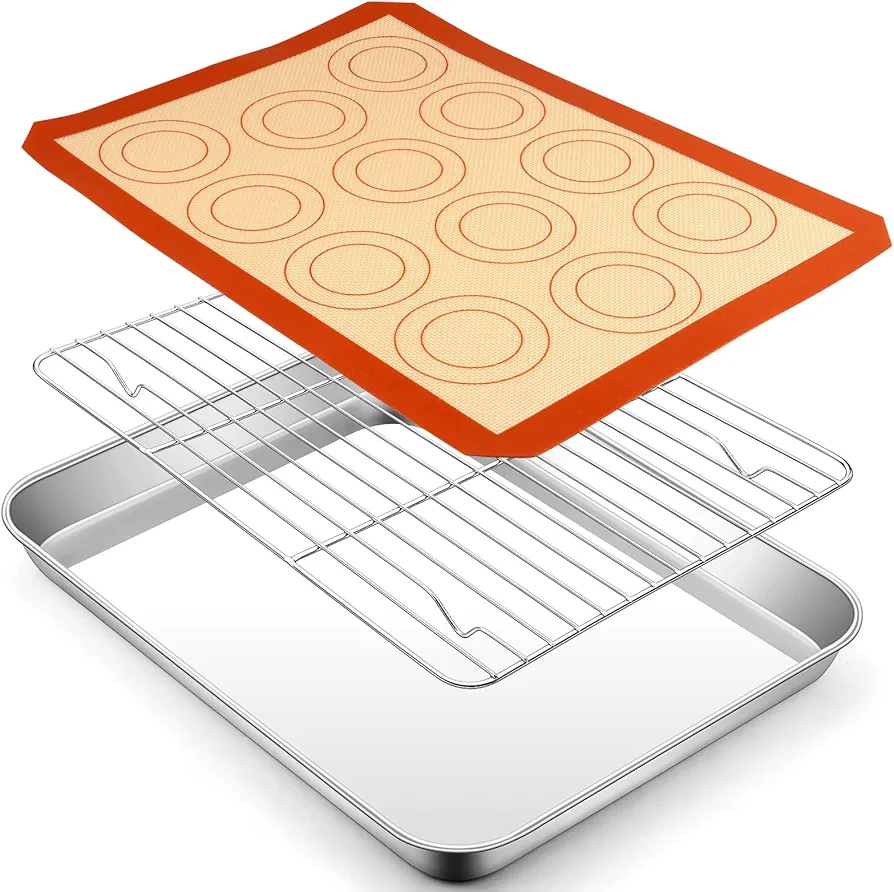 16 Inch Baking Sheet with Rack and Silicone Mat Set, P&P CHEF Stainless Steel Cookie Sheet Baking Pan Tray Wire Rack for Oven Cooking Cooling Roasting, Non Toxic, Heavy Duty & Easy to Clean, 3 PCS