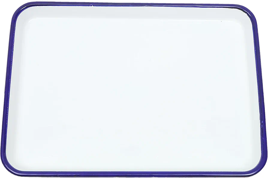 Garneck Enamelware Tray White Paint Palette Blue Rim Rectangular Enamel Watercolor Palate 7.1 x 10.2 Inch Vintage Baking Cookie Pan for Art Painting Food Storage Home