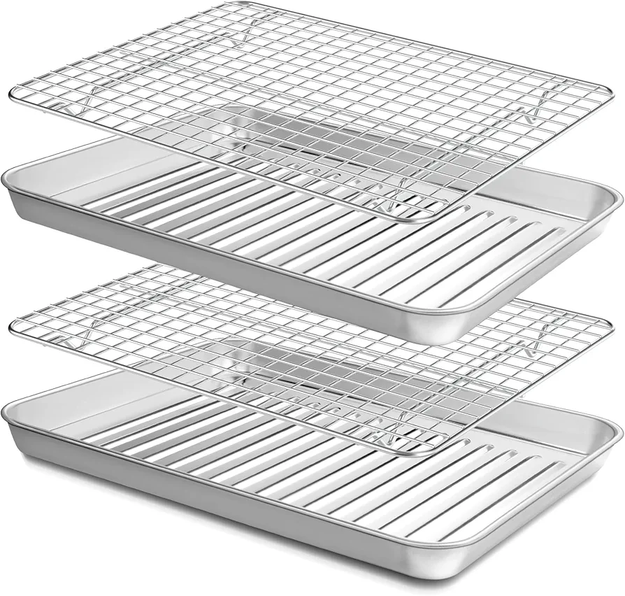 Baking Sheet with Cooling Rack Set(2 Baking Pans+2 Wire Racks), Terlulu 1/4 Stainless Steel Cookie Sheet with Bacing Rack, Heavy Quarter Sheet Pan for Oven Cooking, Warp Resistant，12.4 x 9.6 x 1 Inch