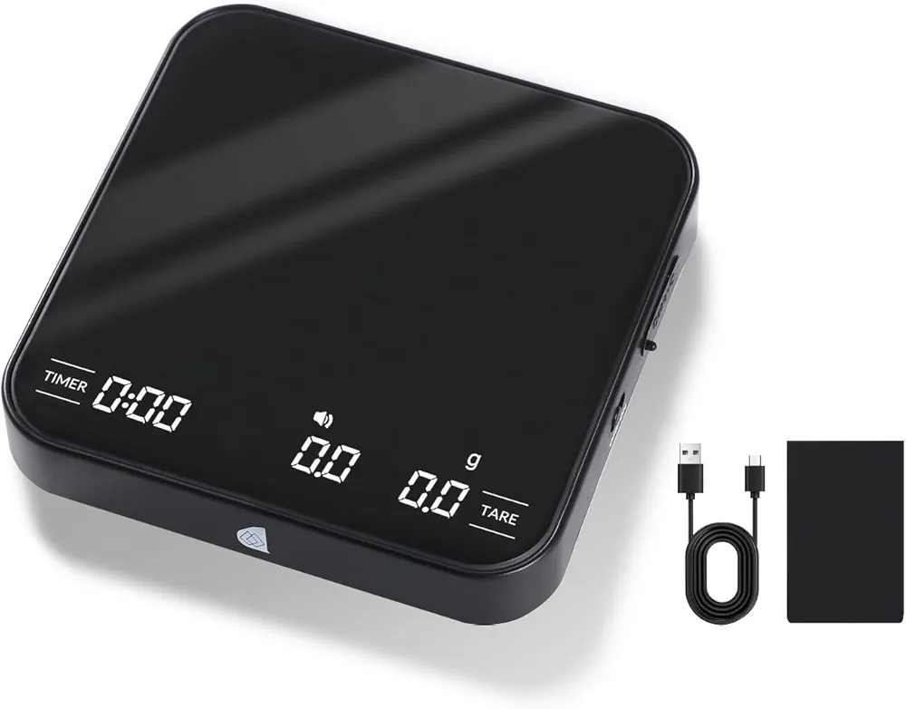 Mini Digital Coffee Scale with Timer/Tare, 2kg/0.1g Accurate Rechargeable Scale, 4 Modes & 3 Units for Espresso and Pour-Over, Gravity Sensor, Brighness LED Display, Tempered Glass Top, Silicone Pad
