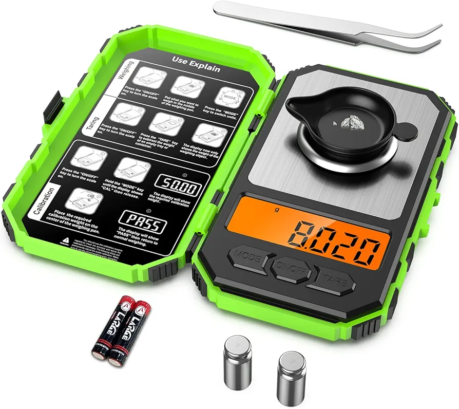 AMIR Digital Milligram Scale, 50g/0.001g Portable Digital Mini Food Scale Jewelry Scale Kitchen Scale Gram Scale, Backlit LCD, Great for Travel Green
