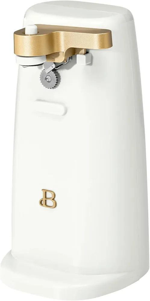 Beautiful Easy-Prep Electric Can Opener, Stainless Steel Blade, Built-in Knife Sharpener, Auto-Stop Safety, Cord Storage by Drew Barrymore (White Icing)