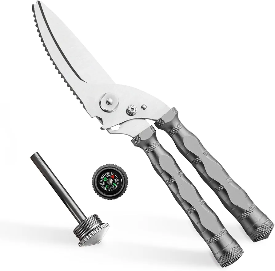 Poultry Shears Heavy Duty for Chicken,Meat,Game,Bone Cutting, Outdoor Camp Kitchen Scissors All Purpose with Compass,Flint,Hook Remover,Comfortable Aluminum Handle,Spring Loaded (Grey)