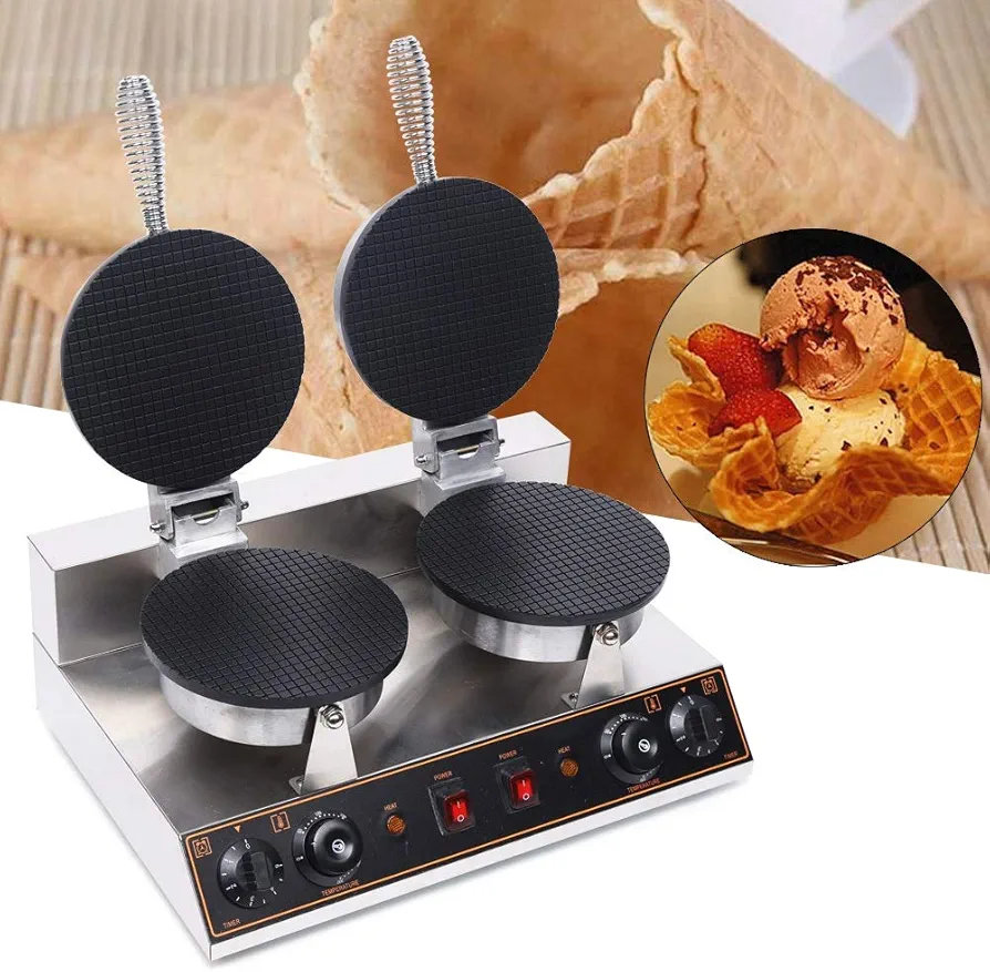 Commercial Waffle Maker Nonstick Electric Mini Waffle Maker Ice Cream Cone Waffle Maker Machine Dual Heating Pans Temperature and Time Control 50~300℃ 1200W (E)