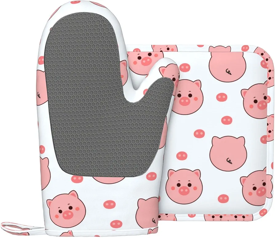Pink Pig Oven Mitts and Pot Holders Sets, Home Silicone Heat Resistant BBQ Gloves for Kitchen Baking Cooking Grilling Microwave