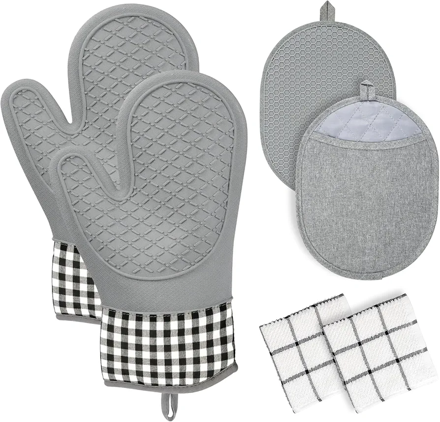 Oven Mitts Set, Silicone Oven Mitts Pair and Pot Holders Sets with Hot Pads and Oven Mitts Heat Resistant, 6pcs Bakeware Set for Oven Kitchen Cooking