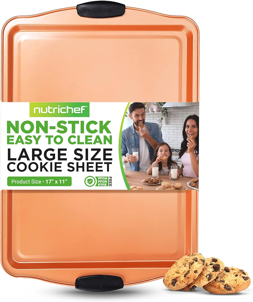 NutriChef Large Nonstick Cookie Sheet for Baking - 17" x 11" Carbon Steel Kitchen Oven Baking Pan, Premium Restaurant Grade Bakeware w/Black Silicone Handles - Easy to Clean, Copper