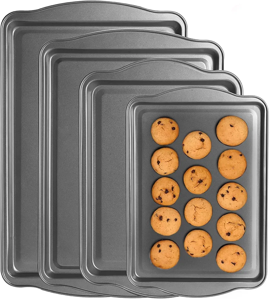 Premium Carbon Steel Cookie Sheets for Baking - 4-Piece Non-Stick Baking Pan Set, Durable Baking Sheets for Oven, Carbon Steel Baking Tray Metal Bakeware for Restaurant, Kitchens