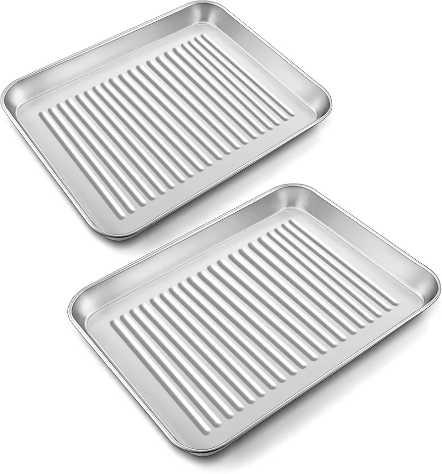 P&P CHEF Mini Toaster Oven Pan Set of 2, 9 x 7 x 1 Inch Stainless Steel Small Baking Cookie Pan for Cooking & Roasting, Corrugated Bottom Toaster Oven Trays, Healthy & Durable, Dishwasher Safe