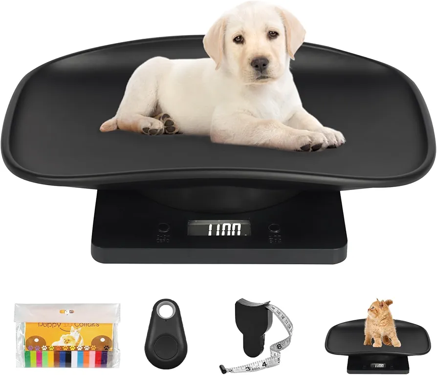 Digital Pet Scale,Kitchen Food Scale with LCD,33 lb/15 kg Small Animal Scale,Portable Mutifunctional Electronic Scale with Measure Tape,Locator,15 Adjustable Puppy Collars for Puppy Cat Newborn Pet