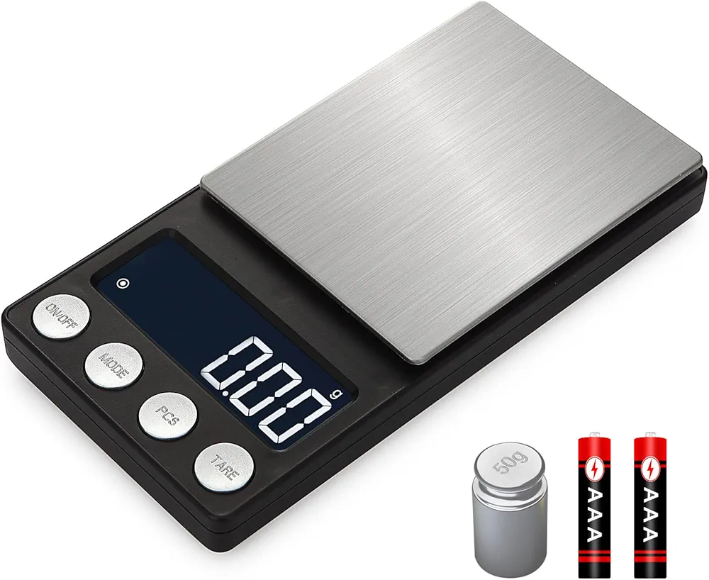 Pocket Scale 200g x 0.01g, Portable Digital Kitchen Scale, Pocket Scale for Gold, Jewelry, Herbs, Food and Coffee with Backlit LCD Display (with Battery and Weight) (200 * 0.01, Black)